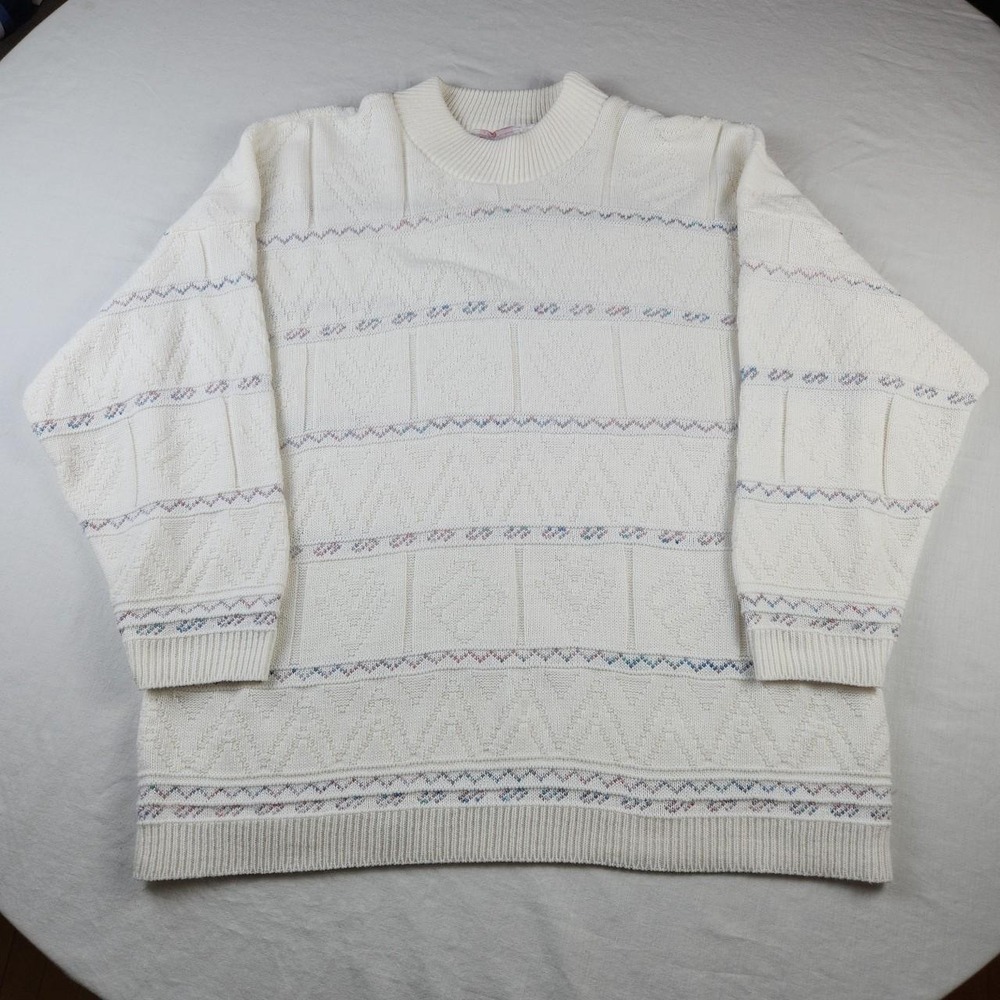 Spunky Vintage 80s White Striped Mock Turtleneck Geometric Knit Sweater XL USA